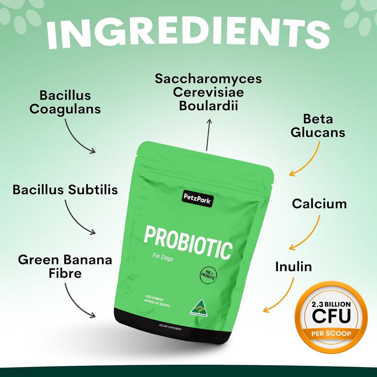 Petz Park Dog Probiotic 45 Scoops, Probiotics for Dogs Powder, Gut Health Dogs Supplement, Paw Licking and Digestive Support, Dog Food Topper Made in Australia